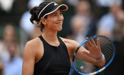 L'Espagnole Garbiñe Muguruza après sa victoire contre la Russe Maria Sharapova, le 6 juin 2018 à Roland-Garros