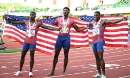 Triplé américain aux 100 m du Championnat du Monde à Eugene (Etats-Unis), le 16 juillet 2022
