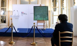 La ministre française de la Culture Roselyne Bachelot devant le tableau de Gustav Klimt "Rosiers sous les arbres" le 15 mars 2021 à Paris