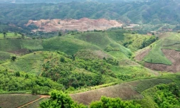 Vue aérienne d'une mine en Birmanie, vue depuis la province de Chiang Rai, au nord de la Thaïlande, le 25 mai 2025