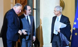 Le président Francois Hollande entre les présidents du Sénat Gérard Larcher et de l'Assemblée nationale  Claude Bartolone sur le perron de l'Elysée le 20 janvier 2016 à Paris