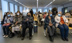 Léa Taveres Mujinga (3e g), Simone Vanderbroecke Ngalula (5e g), Monique Bitu Bingi, Noëlle Verbeken et Marie-Josée Loshi, cinq femmes métisses arrachées à leurs mères noires au Congo il y a environ 70 ans, à l'ouverture du procès contre l'Etat belge pour "crimes contre l'humanité", le 14 octobre 2021 à Bruxelles