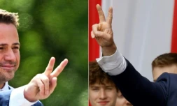 Les candidats à la présidentielle polonaise, le maire centriste de Varsovie Rafal Trzaskowski (à gauche) et le conservateur Karol Nawrocki, le 25 mai 2025.
