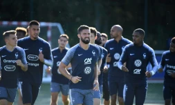 Olivier Giroud (c) et ses coéquipiers à l'entraßnement à Clairefontaine, le 3 septembre 2019