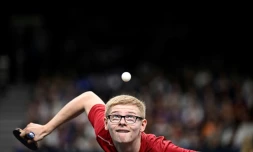 Le pongiste français Félix Lebrun le 28 juillet 2024 aux JO de Paris, à l'Arena Paris Sud