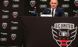 L'attaquant anglais Wayne Rooney, recruté par le club de DC United (Championnat nord-américain de football, MLS) répond aux questions de la presse le 2 juillet 2018 à WAshington