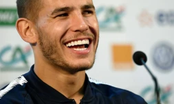 Le défenseur français Lucas Hernandez en conférence de presse, le 17 juin 2018 à Istra, à l'ouest de Moscou 
