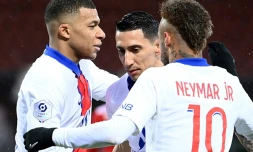 Mbappé (g), di Maria (c) et Neymar lors du match de Ligue 1 contre Brest le 23 mai 2021.