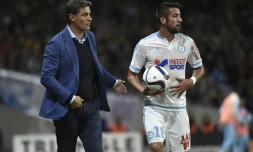 L'entraîneur de Marseille Michel (g) lors du match de L1 contre Toulouse, le 23 septembre 2015 au Stadium Municipal