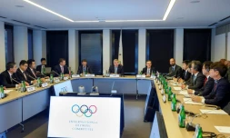 Réunion au siège du Comité international olympique à Lausanne, entre le CIO et des responsables nord et sud-coréens en vue d'une équipe coréenne unifiée aux JO de Tokyo-2020, le 15 février 2019 