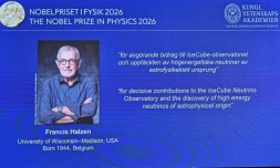 Une photo du lauréat du prix Nobel de Physique, édition 2026, Francis Halzen, à Stockholm, le 6 octobre 2026