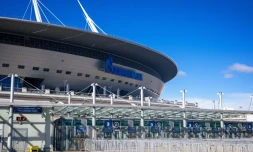 La Gazprom Arena de Saint-Pétersbourg qui doit accueillir la finale de Ligue des champions de football le 28 mai, prise en photo le 2 avril 2021