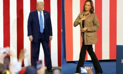 Diptyque photographique avec Donald Trump le 1er octobre dans le Wisconsin, et Kamala Harris le 27 septembre dans l'Arizona