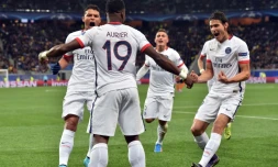 La joie des joueurs du PSG après le but de Serge Aurier face au Shakhtar, le 30 septembre 2015 à Donetsk