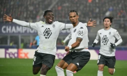 Le défenseur de Monaco Thilo Kehrer célÚbre son but contre Bologne, le 5 novembre 2024 en Ligue des champions à Bologne.