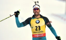 Le biathlète français Martin Fourcade à l'arrivée du 20 km individuel de Ruhpolding, le 10 janvier 2018