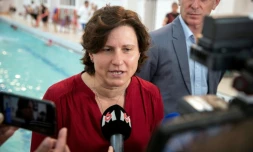 La ministre des Sports Roxana Maracineanu lors du lancement de la campagne "Vigilance Noyade", le 20 juin 2019 dans une piscine Ă Paris