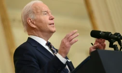 Adresse à la nation du président américain Joe Biden, le 22 février 2022 à la Maison Blanche à Washington, aprÚs la reconnaissance par Moscou des régions séparatistes de l'est de l'Ukraine
