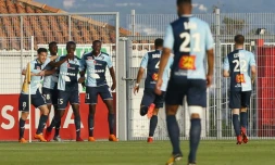 Les joueurs du Havre fêtent un but marqué en barrage de Ligue 2 à Ajaccio, le 20 mai 2018