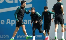 Luis Suarez, Lionel Messi, Neymar et Gerard Pique, à l'entraînement avec le Barça, le 18 avril 2017 au centre Joan Gamper