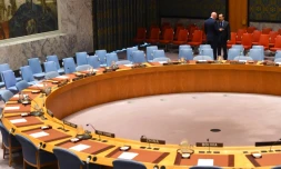 L'ambassadeur russe Vassily Nebenzia (G) et l'ambassadeur chinois MA Zhaoxu aux Nations Unies le 23 février 2018 avant un réunion du conseil de sécurité