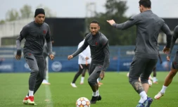 Les stars du PSG Kylian Mbappé, Neymar et Messi préparent le choc contre Manchester City, lors d'une séance d'entraînement au Camp des Loges, le 27 septembre 2021 