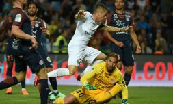 Le milieu de terrain de Saint-Etienne Romain Hamouma buteur lors de la réception de Montpellier en match avancé de la 35e journée de L1 le 27 avril 2018