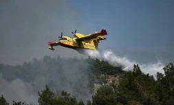 Un Canadair largue sa cargaison d'eau au-dessus de la forêt de Dadia, en Grèce, touchée par un incendie, le 24 août 2023
