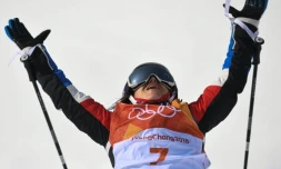 La Française Marie Martinod à l'issue de son dernier run dans le ski halfpipe des Jeux de Pyeongchang, le 19 février 2018