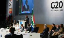 Le président sud-africain Cyril Ramaphosa, lors de son discours d'ouverture au Cap d'une réunion des ministres des Finances et gouverneurs de Banques centrales du G20 le 26 février 2025