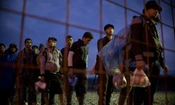 Des migrants et des réfugiés font la queue à la frontière entre la Grèce et la Macédoine le 21 septembre 2015