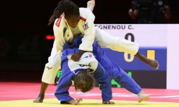 La Francaise Clarisse Agbegnenou, lors de la finale des -63kg contre la Slovène Andreja Leski aux Championnats du monde, le 9 juin 2021 à Budapest