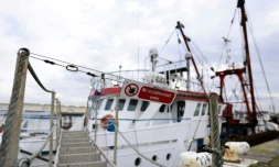 Photographie du 29 octobre 2021 d'un chalutier britannique dérouté au Havre par les autorités françaises, dont le capitaine est suspecté d'avoir pêché plus de deux tonnes de coquilles Saint-Jacques sans licence