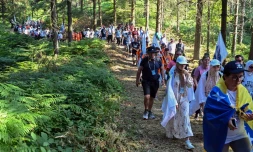 Les participants de la "marche pour la paix", qui commémore les 30 ans du massacre de Srebrenica, à proximité du village de Nezuk, dans l'est de la Bosnie, le 8 juillet 2025