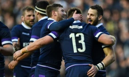 Les Ecossais vainqueurs de l'Angleterre avec notamment un essai de Huw Jones (N.13), dans le Tournoi des six nations, le 24 février 2018 à Édimbourg