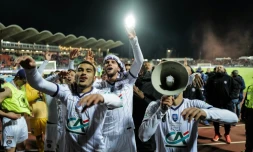 Les Toulousains fĂȘtent leur qualification pour la finale de la Coupe de France aux dĂ©pens d'Annecy aprĂšs leur victoire 2-1 Ă Annecy le 6 avril 2023