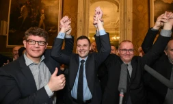 Ian Boucard (LR), dont l'Ă©lection avait Ă©tĂ© invalidĂ©e en dĂ©cembre, annonce et fĂȘte son Ă©lection comme dĂ©putĂ© de la 1re circonscription de Belfort au second tour face au candidat LREM-MoDem Christophe Grudler, le 4 fĂ©vrier 2018