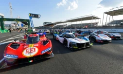 Les hypercars Ferrari, Peugeot, Porsche et Toyota (de gauche à droite) engagées dans les 24H du Mans 2023 présentées sur le circuit sarthois le 6 juin 2023