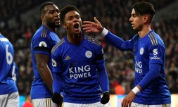 Demarai Gray (c) exulte après son but pour Leicester face à West Ham, le 28 décembre 2019 au London Stadium