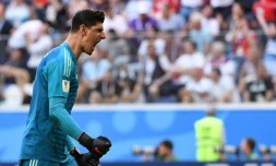 Réaction du gardien de la Belgique Thibaut Courtois après le but d'Eden Hazard contre l'Angleterre lors du match pour la 3e place du Mondial, le 14 juillet 2018 à Saint-Pétersbourg