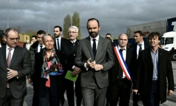 La ministre des Transports Elisabeth Borne et le patron de la SNCF Guillaume Pepy aux cÎtés du Premier ministre Edouard Philippe à Bonneuil-sur-Marne, le 16 avril 2018