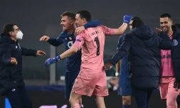 La joie des joueurs de Porto, qualifiés en quarts de finale de la Ligue des champions, aprÚs leur 8e de finale retour face à la Juventus, à Turin, le 9 mars 2021