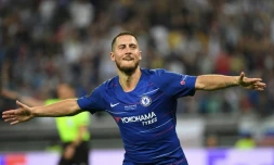 L'attaquant belge de Chelsea Eden Hazard vient de marquer contre Arsenal en finale de la Ligue Europa, le 29 mai 2019 à Bakou 
