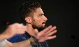 L'attaquant de la France, Olivier Giroud, au cours d'une conférence de presse à Istra, à l'ouest de Moscou, le 22 juin 2018, après le match France-Pérou du Groupe D