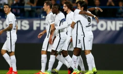 Le PSG vainqueur de Caen avec notamment un quadruplé d'Edinson Cavani (N.9) au stade Michel d'Ornano, le 16 septembre 2016