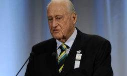 L'ancien président de la Fifa, le Brésilien Joao Havelange, présente la candidature de Rio aux JO-2016 lors d'un conférence, le 2 octobre 2009 à Copenhague