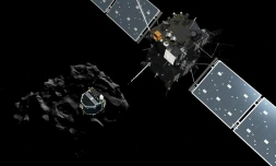 Photo-montage représentant le robot Philae et la sonde Rosetta, réalisé par le médialab de l'ESAle 12 novembre 2014
