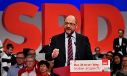 Le président du SPD allemand Martin Schulz lors d'un discours devant les représentants du parti, à Berlin, le 9 décembre 2017