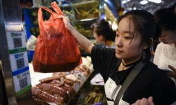 Une femme regarde les codes QR utilisés pour la numérisation des paiements à un étang de fruits de mer sur un marché à Pékin, 27 juin 2017