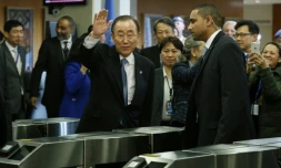 Le secrétaire général Ban Ki-moon fait ses adieux au personnel de l'ONU, à New York le 30 décembre 2016
